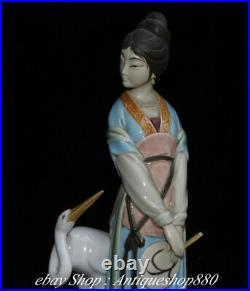 12 Old China Wucai Porcelain Woman Belle Beauty Red-crowned crane Bird Statue
