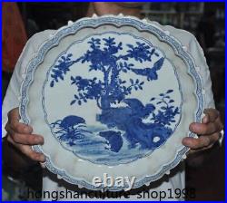 13.2'' China Ancient dynasty Blue&white porcelain bird Tree scenery statue plate