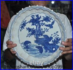 13.2'' China Ancient dynasty Blue&white porcelain bird Tree scenery statue plate