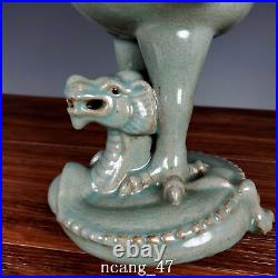 13.2 China Porcelain Song dynasty ru kiln cyan Ice crack bird lampstand Statue