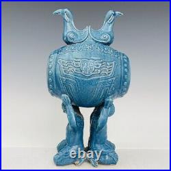 13.4 Antique Porcelain DaZhou dynasty chai kiln Blue Ice crack bird drum Statue