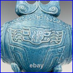 13.4 Antique Porcelain DaZhou dynasty chai kiln Blue Ice crack bird drum Statue