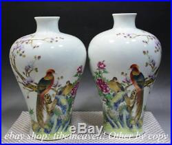 13.4 Marked Chinese Pastel Porcelain Hand Drawing Flower Oriole Bird Vase Pair