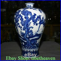 13.6 Old China Blue White Porcelain Palace Peach Blossom Bird Bottle Vase