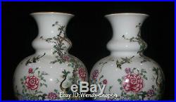 13 China Enamel Color Porcelain Peacock Bird Peony Flower Pot Vase Bottle Pair