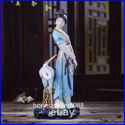 13 China Wucai Porcelain Pottery Woman Red-crowned Crane Bird Auspicious Statue