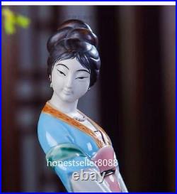 13 China Wucai Porcelain Pottery Woman Red-crowned Crane Bird Auspicious Statue