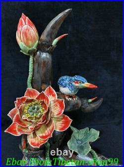 13 Chinese Shiwan Wucai Porcelain Fengshui Lotus Root Flower Bird Sculpture