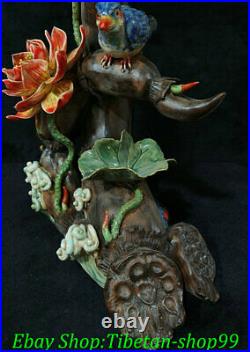13 Chinese Shiwan Wucai Porcelain Fengshui Lotus Root Flower Bird Sculpture
