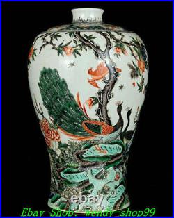 13 DaQing Kangxi Marked Wucai Porcelain Peacock Peony Bird Flower Vase Bottle