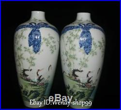 13 Rare Enamel Color Porcelain Cranes Bird Bamboo Vase Bottle Pot Pitcher Pair