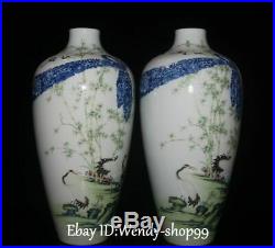 13 Rare Enamel Color Porcelain Cranes Bird Bamboo Vase Bottle Pot Pitcher Pair