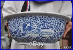 13old chinese Blue and white porcelain phoenix bird statue big bowl pot Tanks A
