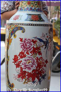 143CM Huge Chinese Porcelain Tree Peony Magpie Bird Flower Vase Bottle Statue