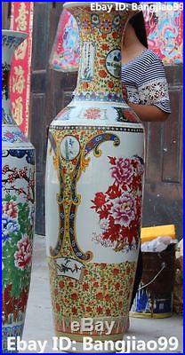 143CM Huge Chinese Porcelain Tree Peony Magpie Bird Flower Vase Bottle Statue
