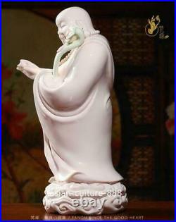 14 China Dehua Pink Porcelain Happy Laugh Maitreya Buddha Hold Ruyi Ru Yi Statue