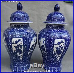 14 Chinese White Blue Porcelain Flower Bird Pot Jar Jug Crock Tank Pair Statue