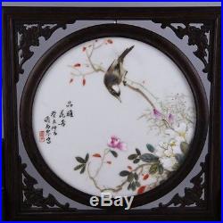 14 Collect Old China Wood Inlay Porcelain Bird Scenery Painting Screen Byobu