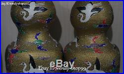 14 Color Porcelain Gilt Crane Bird Gourd Bottle Pitcher Vase Jug Statue Pair