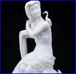 14'' Dehua white porcelain carving flowers bird egret nude women girl belle