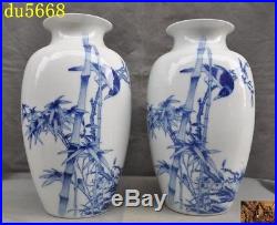 14 Marked China Blue&white porcelain bamboo bird Zun Bottle Pot Vase Jar Statue