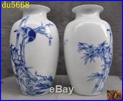14 Marked China Blue&white porcelain bamboo bird Zun Bottle Pot Vase Jar Statue