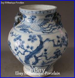 14 White Blue Porcelain Dragon Loong Phoenix Bird Tree Cylinder Jar Vat Crock
