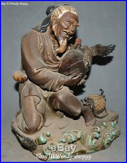 14 Wucai Porcelain Older Person Man Fisherman Cranes Bird Shell Basket Statue
