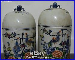 14 Wucai Porcelain Phoenix Bird Peony Flower Tank Jar Pot Crock canister Pair