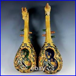15.2 Rare Liao dynasty Porcelain pair Tri Color flower bird Dragon phoenix Pipa