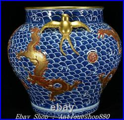 15 DaQing Qianlong Marked Blue White Porcelain Gilt Dragon Totem Crock Tank Jar