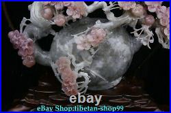 15 Natural Pink Jade Carving Bird Cherry blossoms Flower Tree Flagon Statue