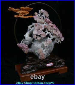 15 Natural Pink Jade Carving Bird Cherry blossoms Flower Tree Flagon Statue