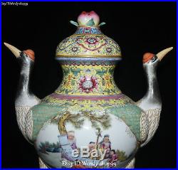 15 Unique Enamel Porcelain Older Cranes Bird Flower Ding Incense Burner Censer