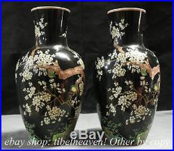 16.4 Mark Old China Black Color Porcelain Palace Plum Blossom Bird Bottle Pair