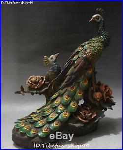 16 China Old Wucai Porcelain Wealth Peony Flower Peacock Peahen Bird Statue