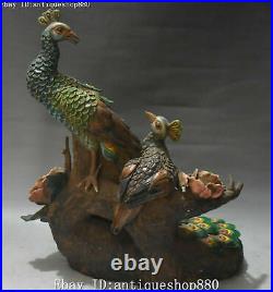 16 China Old Wucai Porcelain Wealth Peony Flower Peacock Peahen Bird Statue
