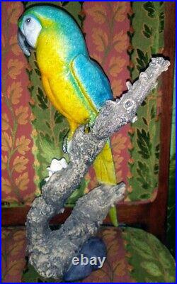 16 Vibrant Color! MACAW PARROT On Branch Statue Figure Ceramic Porcelain Art