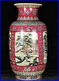 17Famille-rose Porcelain Palace Belle Beauty Hill Water Flower Bottle Vase Pair