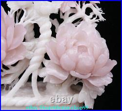 17Natural Pink Jade Carving Peony Bird Flower basket Potted plants Statue