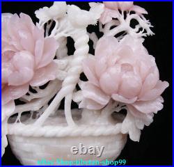 17Natural Pink Jade Carving Peony Bird Flower basket Potted plants Statue