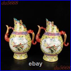 17.6Enamel porcelain Feng shui flowers The bird Tea makers Tea Pot statue pair