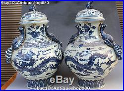17 Chinese White Blue Porcelain Dragon Phoenix Bird Statue Bottle Vase Pot Pair