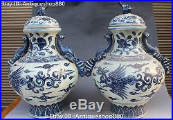 17 Chinese White Blue Porcelain Dragon Phoenix Bird Statue Bottle Vase Pot Pair