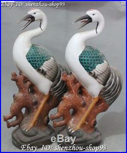 17 Chinese Wucai Porcelain Carving Red-crowned crane Cranes Bird Statue Pair