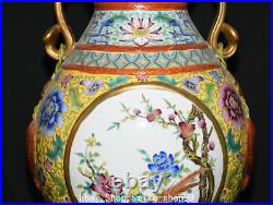 18.5 Qianlong Enamel Colour Porcelain Gilt Flower Bird Double Ears Bottle Vase