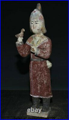 18.8 Chinese Tang Sancai Porcelain Dynasty Stand Woman Belle Hold Bird Statue