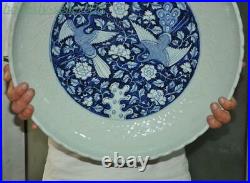 18 China Blue&white porcelain Crane bird flowers statue tray Pallets Dish plate