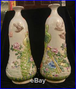 18 China Porcelain Peacock Bird Statue Wine Jar Flask Flower Bottle Vase Pair
