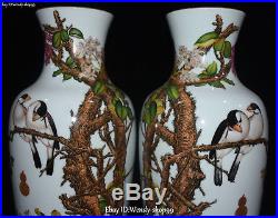 18 Enamel Color Porcelain Magpie Bird Tree Flower Vase Bottle Flask Pot Pair